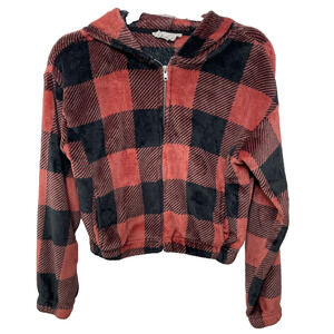 Hippie Rose Fleece Full Zip Jacket Red Black Plaid Hoodie Pockets Soft lounge XS